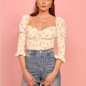 Reformation Ivory Floral Puff Sleeve Blouse